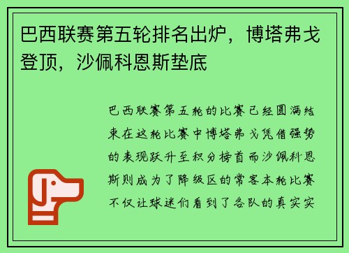 巴西联赛第五轮排名出炉，博塔弗戈登顶，沙佩科恩斯垫底