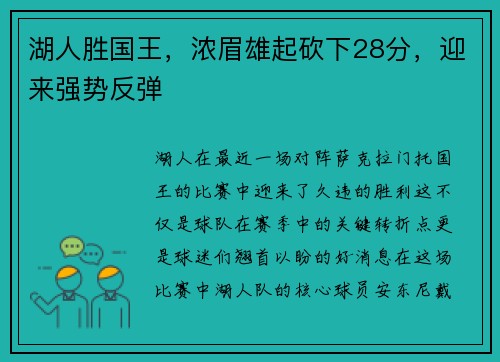 湖人胜国王，浓眉雄起砍下28分，迎来强势反弹