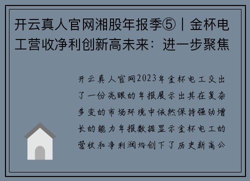 开云真人官网湘股年报季⑤｜金杯电工营收净利创新高未来：进一步聚焦线缆核心业务 - 副本